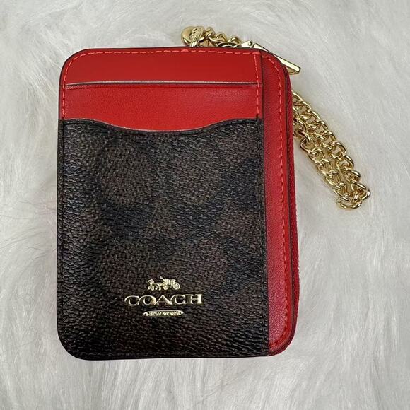 Coach Zip Card Case In Signature Canvas In Walnut Bold Red CW883 NWT - Picture 1 of 5